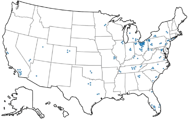 Map of the United States showing LED Lighting IQ project locations nationwide
